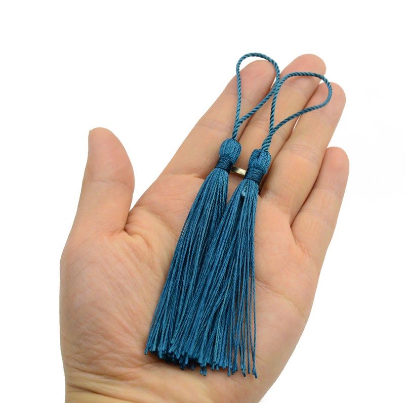 Makhry 100pcs 13cm/5 Inch Silky Floss Bookmark Tassels with 2-Inch Cord Loop and Small Chinese Knot for Jewelry Making, Souvenir, Bookmarks, DIY Craft Accessory (Dark Teal) - Image 3